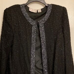 Laurence Kazar Black Beaded Jacket with Silver Trim